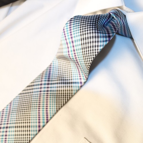 BEN SHERMAN Blue Purple Black White Plaid Silk Skinny Necktie 57.5"L x 2.75"W - Picture 4 of 12