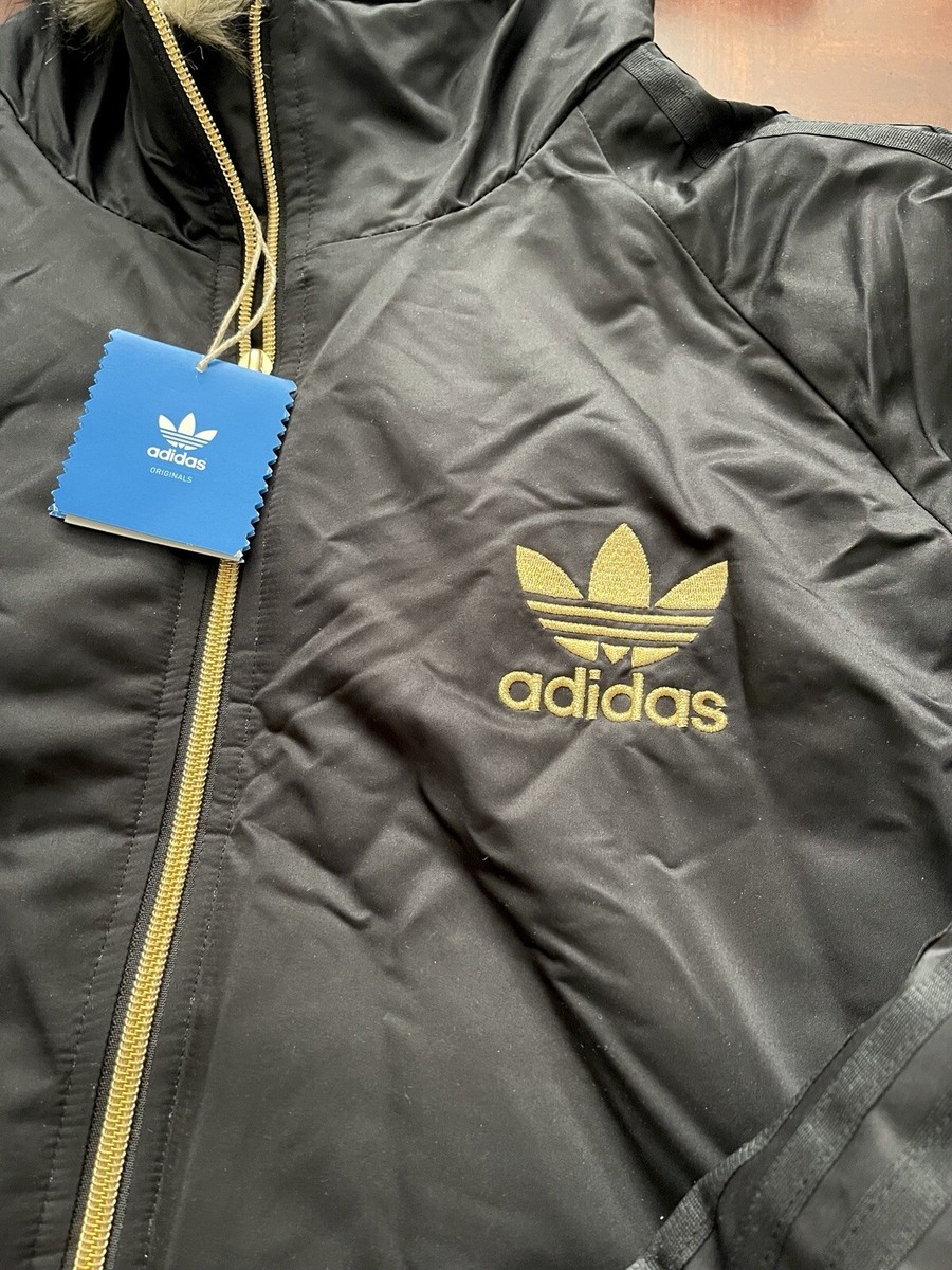 NWT 2009 Black/MetalGold Adidas Chile 62 Parka Bomber Coat Faux