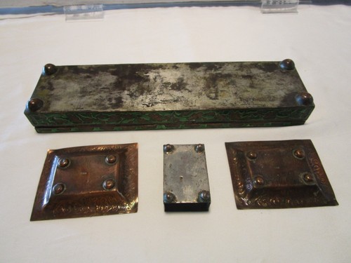 Antique Chinoiseries COPPER ENAMEL 4-Pc Smoking Set Kit Box match Ashtrays 1900s - Picture 4 of 16