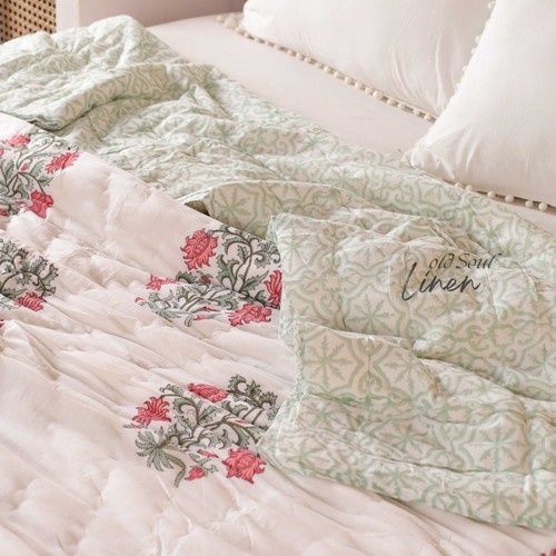 Reversible Block Print Quilt Red Mughal Floral Cotton Bedspread Twin Queen King - Picture 7 of 10