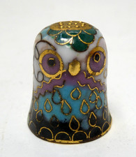 VINTAGE CHINESE BRASS CLOISONNE ENAMEL OWL ORNATE METAL DECORATED THIMBLE