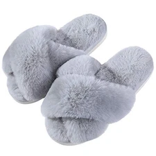  Women's Fuzzy Slippers Cross Band Memory Foam House Slippers Open 8.5-9.5 Grey