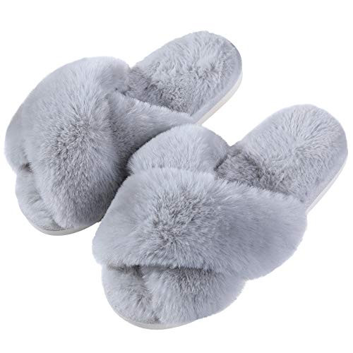 Women's Fuzzy Slippers Cross Band Memory Foam House Slippers Open 8.5-9.5 Grey - Picture 1 of 6