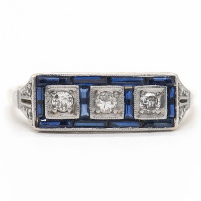 Gr. 56 - Art déco Saphir & Diamant 0,13 ct. Gelb- & Weißgold 750/18K Ring