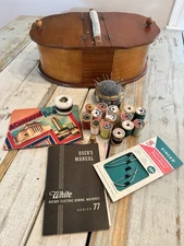 Vtg Sewing Lot & Wooden Oval Sewing Box Shaker Hinged Double Lids Needle Shelves