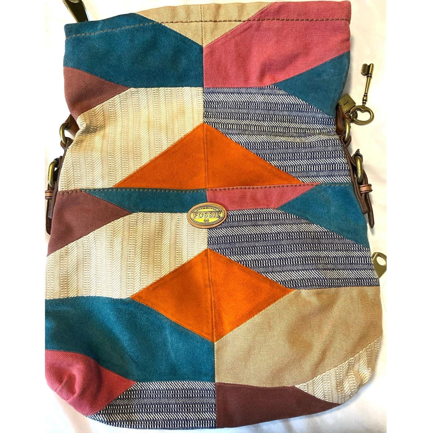 Fossil Patchwork Suede canvas Fold over messenger… - image 5