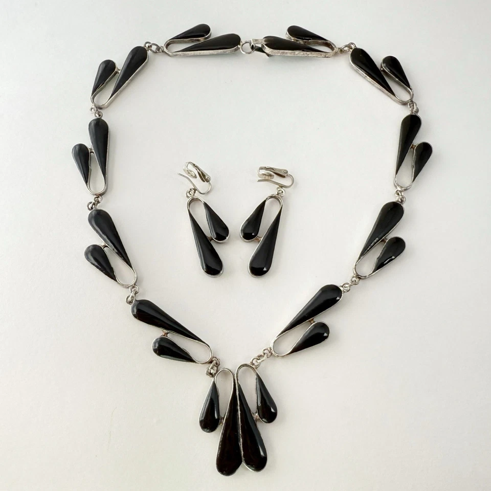 Mexican Alpaca Silver Turquoise Black Enamel Reversible Necklace Earrings Set - Image 2 of 4