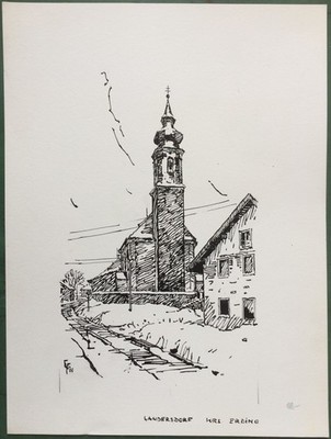 Landersdorf Kreis Erding   Original-Tusche-Zeichnung von Karl Sally Bauer-Oltsch