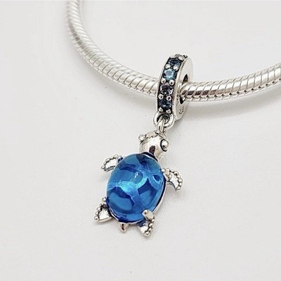 GENUINE 925 Silver Pandora Murano Glass Sea Turtle Dangle CZ Charm 798939C01