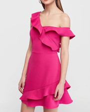 EXPRESS women's asymetrical collar ruffle dress magenta pink XS off the shoulder