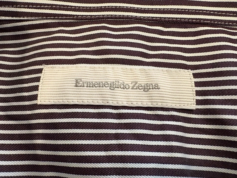 Camisa de vestir Ermenegildo Zegna XL para hombre Italia manga larga marrón/blanco a rayas Foto 3 de 4