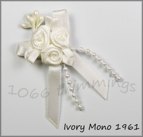 Satin Ribbon Triple Rose Bows With Beads Cluster Trio Packets 4 10 or 20 - Picture 22 of 39