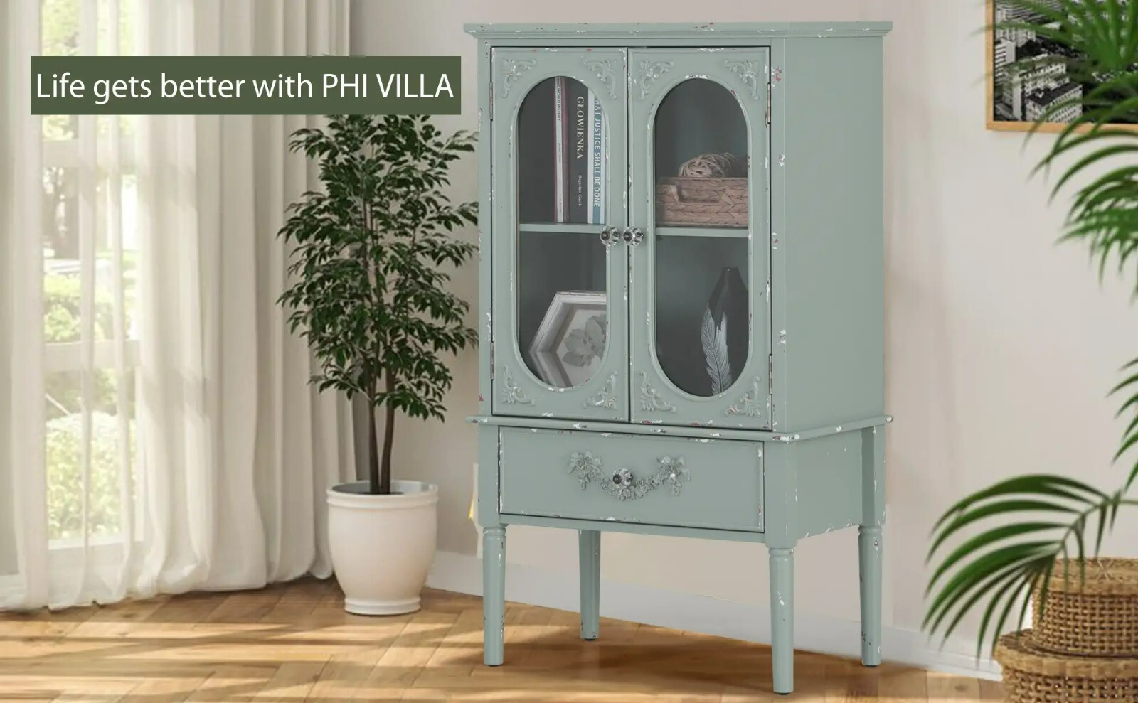 Accent Display Storage Cabinet with 2 Glass Door for Living Room Green ...