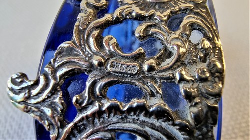 Vintage Oval Ornate Sterling Silver Salt Cellar Cobalt Blue Glass Liner 935 - Picture 10 of 10