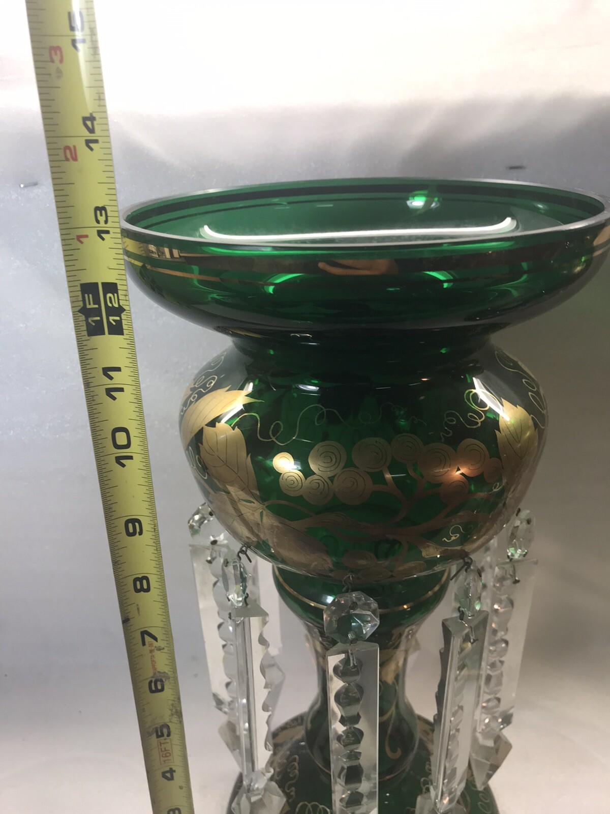 PAIR OF ANTIQUE BOHEMIAN MANTLE LUSTERS IN EMERALD GREEN & GOLD LEAFED