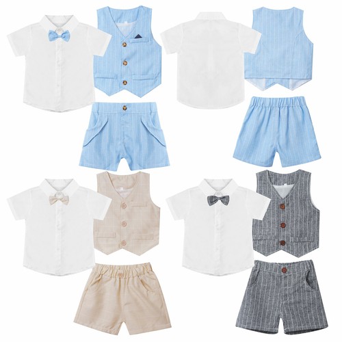 Niños Niños Niños Caballero Traje de Esmoquin Camisa Corta con Corbata + Chaleco + Pantalones Cortos - Imagen 1 de 18