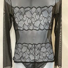 La Perla Lace Mesh Bodysuit Large Black  Long Sleeve Lingerie Sheer Stretch Sexy