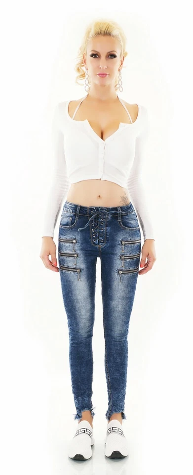 Damen Jeans Röhrenjeans Skinny Hose Reißverschlüsse Schnürung Fransen XS-XL - Bild 4 von 4