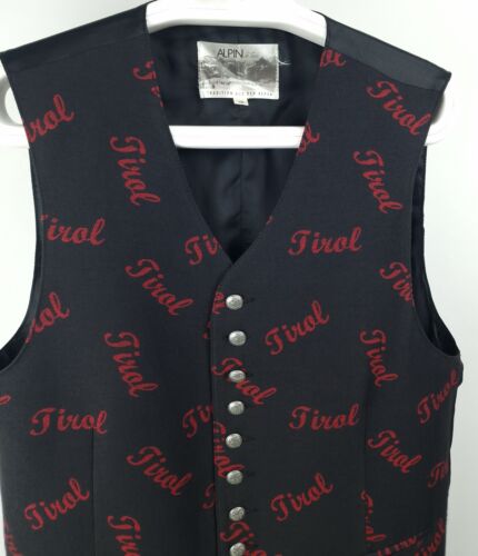 Alpin de Luxe Trachten Tyrol Loden Vest Gilet Black/Red WaistCoat Size 48 - Picture 2 of 7