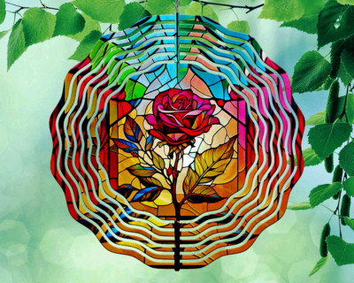 10'' Red Rose Staind Glass Wind Spinner Yard Decor 3D Garden Aluminum  rws-171
