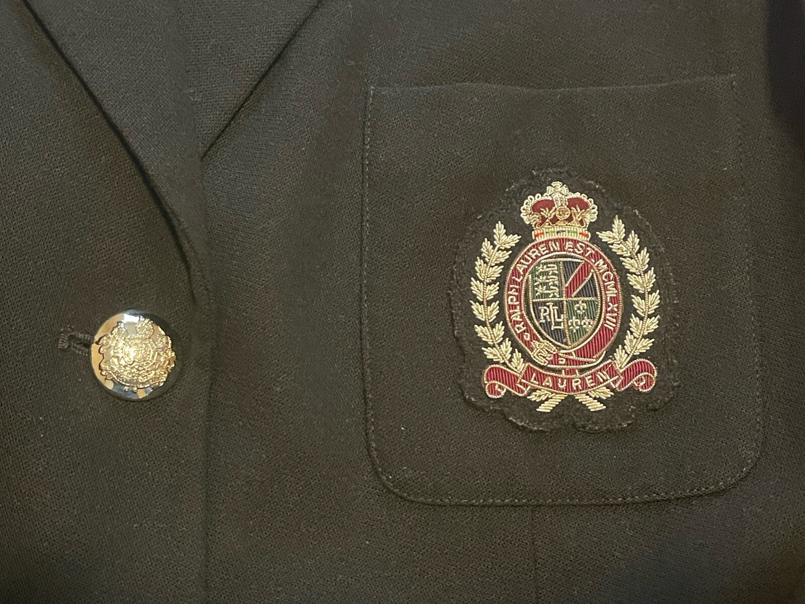 Giacca cappotto di lana Ralph Lauren LRL nera Savior fila taglia 6 toppa crestata preppy