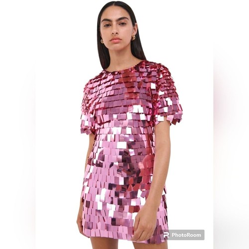 Jonathan Simkhai Größe 12 Vivienne geometrisches Pailletten-Minikleid in Pink Punch neu mit Etikett - Bild 3 von 16