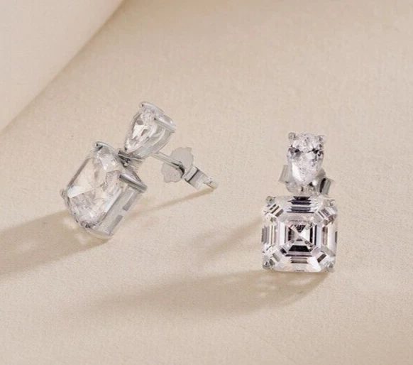 Pendientes Asscher corte AAA CIRCONITA CÚBICA lágrima circonita 925 pendientes de plata de ley sin níquel Foto 4 de 4