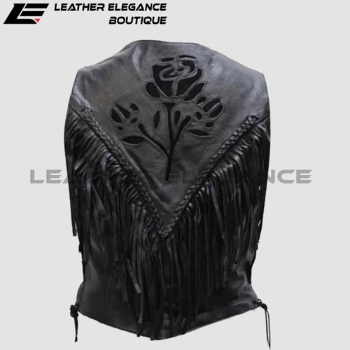 Women's Black Leather Vest Motorcycle l Women's Black Rose Inlay Waistcoat - Picture 2 of 2