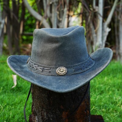 Real Leather Hats Western Style for Men and Women shapeable Brim vintage look. Handmade Leather Western Outback Hat with Shapable Brim for  main image 4