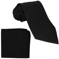 New Polyester Woven Men's Neck Tie necktie & hankie set Stripes Black formal 