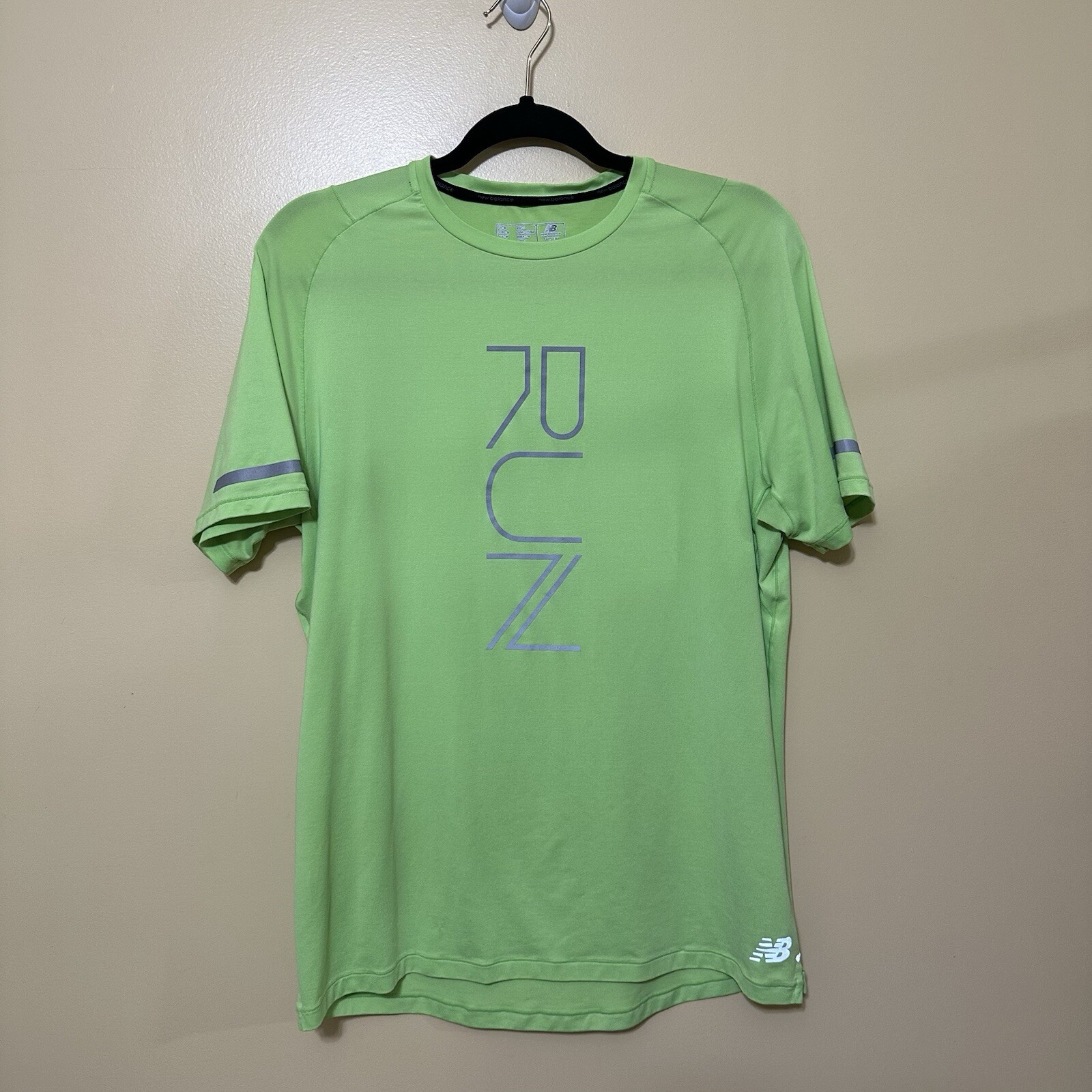 New Balance Short Sleeve Lime Green Athletic Reflective Running Shirt Mens Med