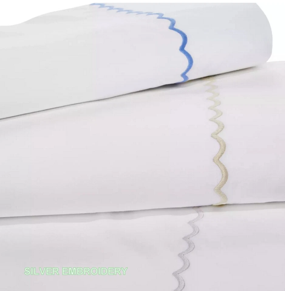 Matouk Astrid 350TC Percale Cotton TWIN 3-Pcs. Sheet Set White /Silver $545 - Image 3 of 4