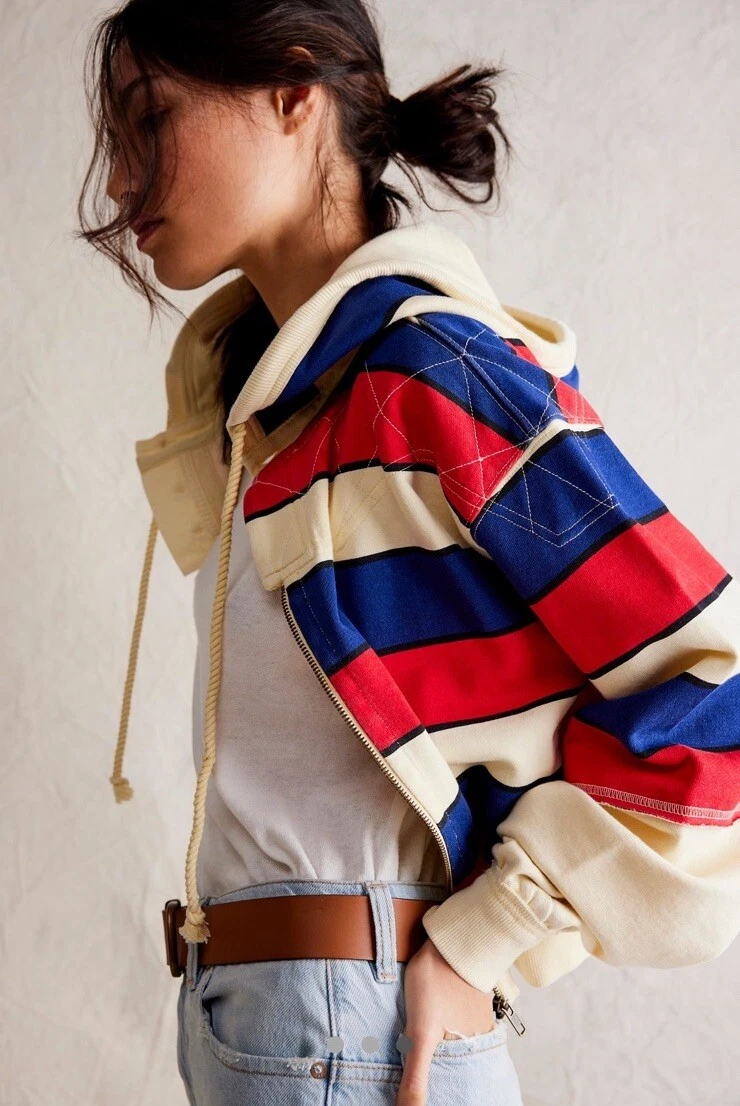 OFF WHITE Free People Ry Zip Thru Felpa con Cappuccio Zip Up Stripe Rosso Avorio Blu XS NUOVA CON ETICHETTE