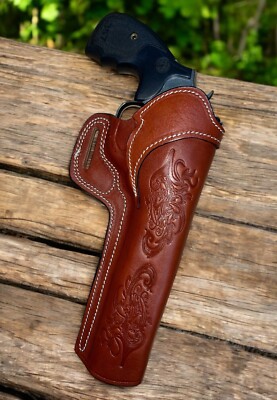 For 8'' DAN WESSON 357, Right Hand Brown Leather Western Tooled Belt Holster