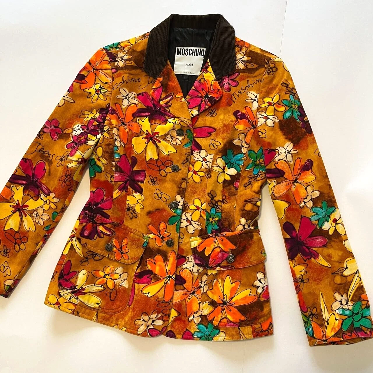 Blazer vintage MOSCHINO jeans floreale The Nanny anni 90 XS S multicolore