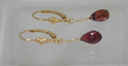 14K Yellow Gold Briolette Garnet Dangle Drop Leverback Earrings 1 3/8" 1.7gr - Picture 2 of 4