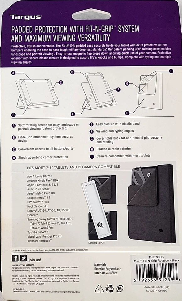 Targus Fit-n-Grip 7"-8" 360 Rotating Black Tablet Case Galaxy Kindle iPad Nexus - Image 2 of 4