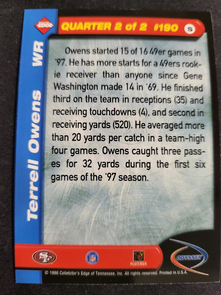 1998 Edge Odyssey Terrell Owens 2ND QTR card #190 49ers - Image 2 of 2