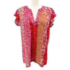 Bibi Patchwork Blouse Mixed Print Floral Leopard Pink Red Flowy L