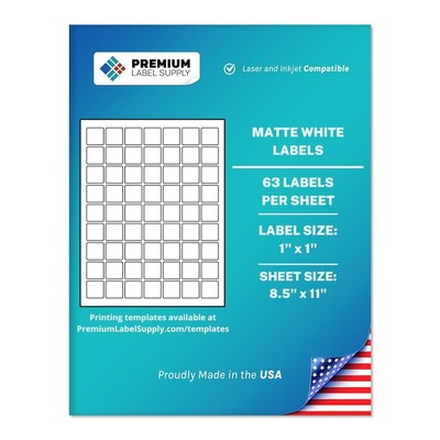 White Sticker Square Labels   1'' x 1''   Laser/Inkjet Compatible   (63 per She...