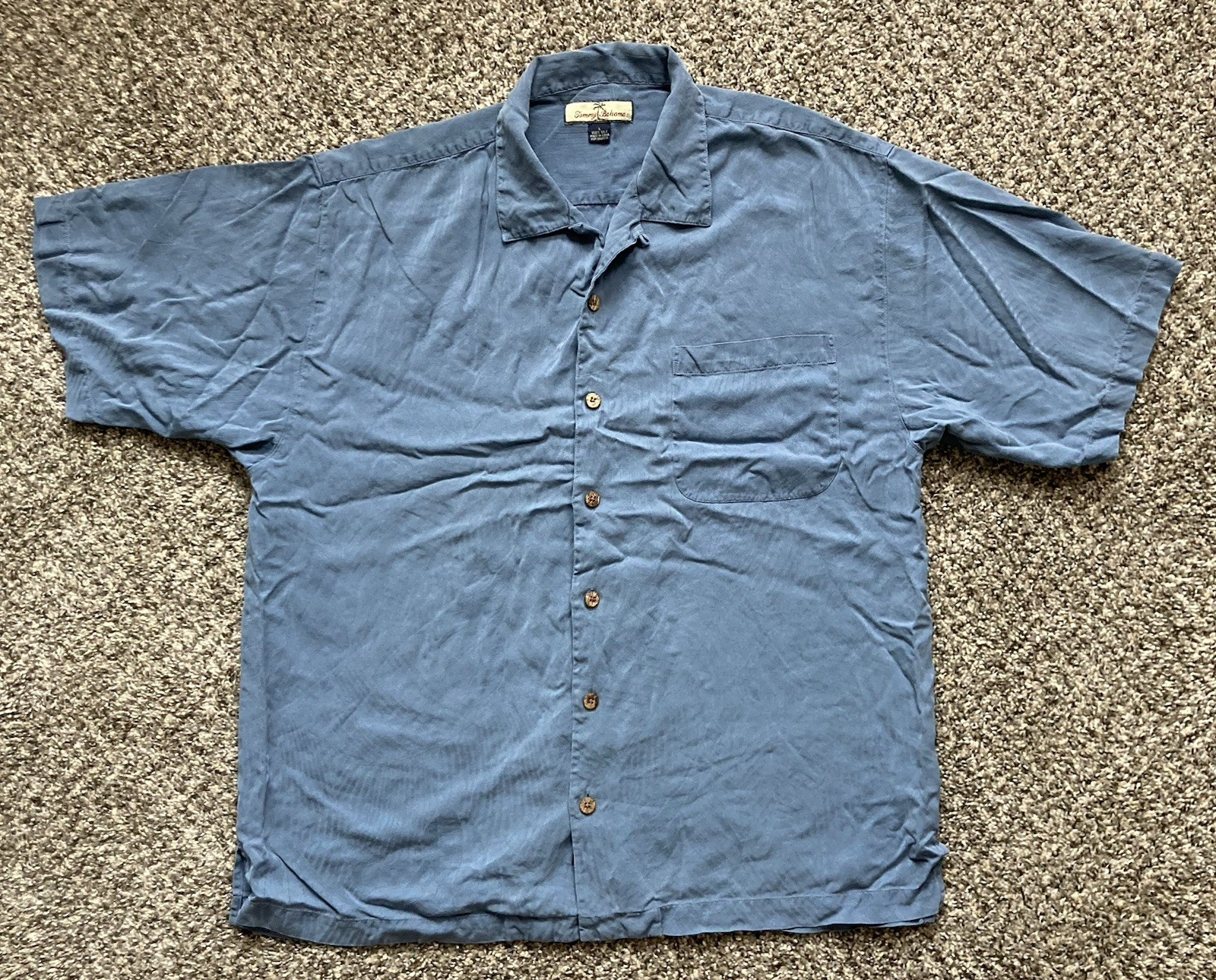 Tommy Bahama Relax Shirt Men's Large Blue 100% Silk Inlay Loop Collar Short Slev