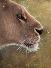 "In the Shadows" Lioness/Acacia, African Wildlife Original Painting, Gold Frame