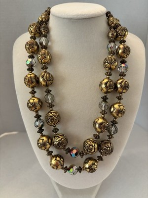Vintage Double Strand Rose Bead Necklace Gold Tone Aurora Borealis Crystal