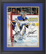 Jordan Binnington St. Louis Blues Framed Signed 16x20 Photo w/1st NHL SO Insc