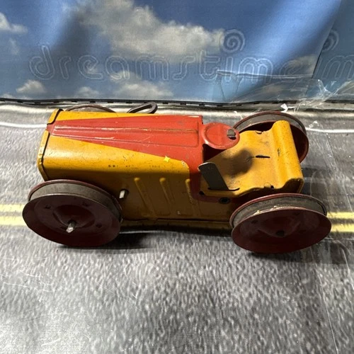 Vintage Marx Toys Friction Working Wind Up Lithograph Tractor Orange Yellow 7"