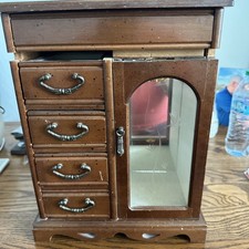 Vintage Wooden Jewelry Box With 4 Felt Lined Drawers