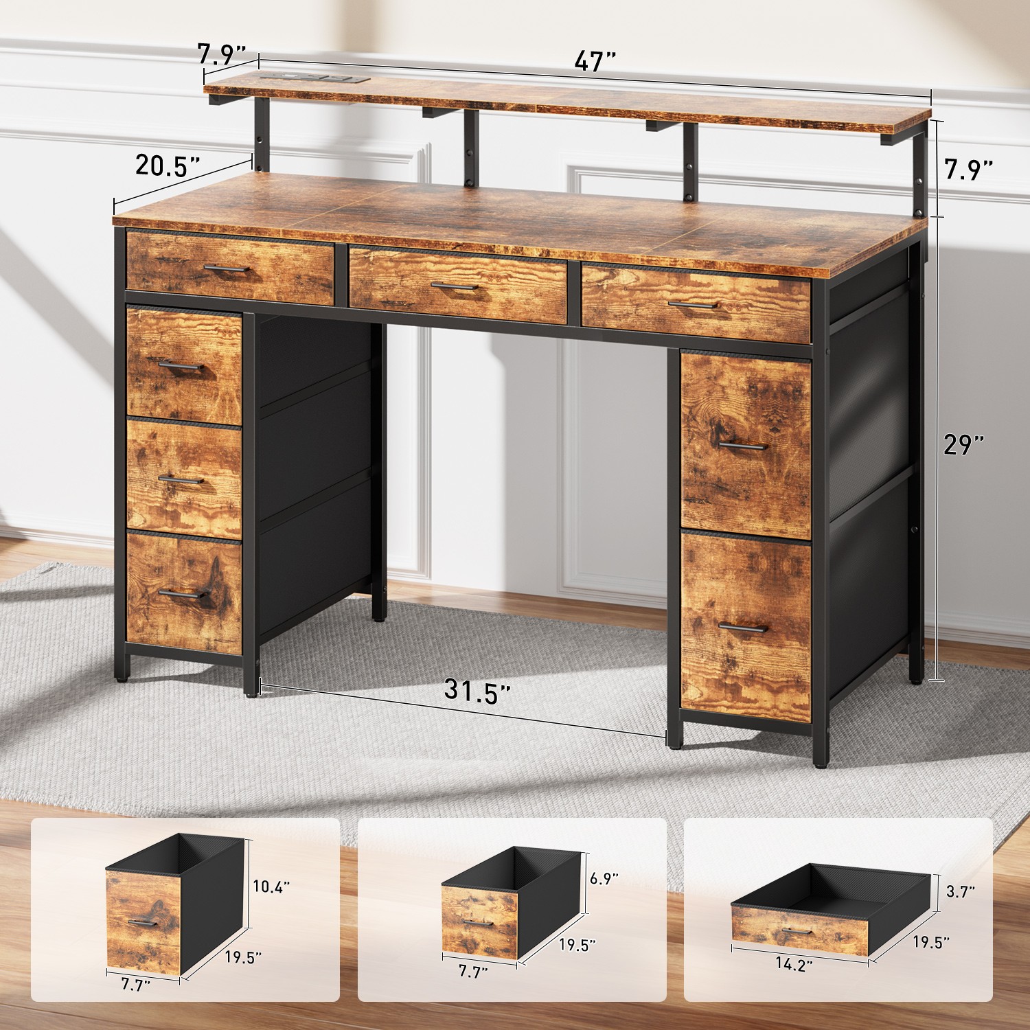 47 inch Computer Desk with 8 Drawers & Power Outlets, Home Office Desk with LED alternate view 3