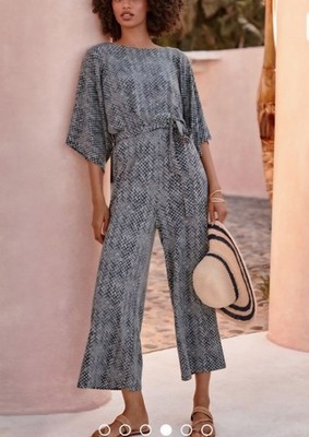 GARNET HILL NWOT Prato Wide Leg Kumono Sleeve Blue White Patterned Jumpsuit M