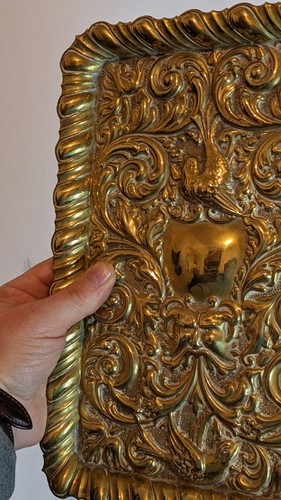 Antique Polished Brass ORNATE GREEN MAN AND BIRDS REPOUSSE TRAY - Picture 10 of 19