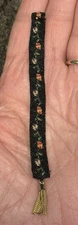 Vtg Handmade Bell Pull Petite Point Needlepoint Black Pink Roses